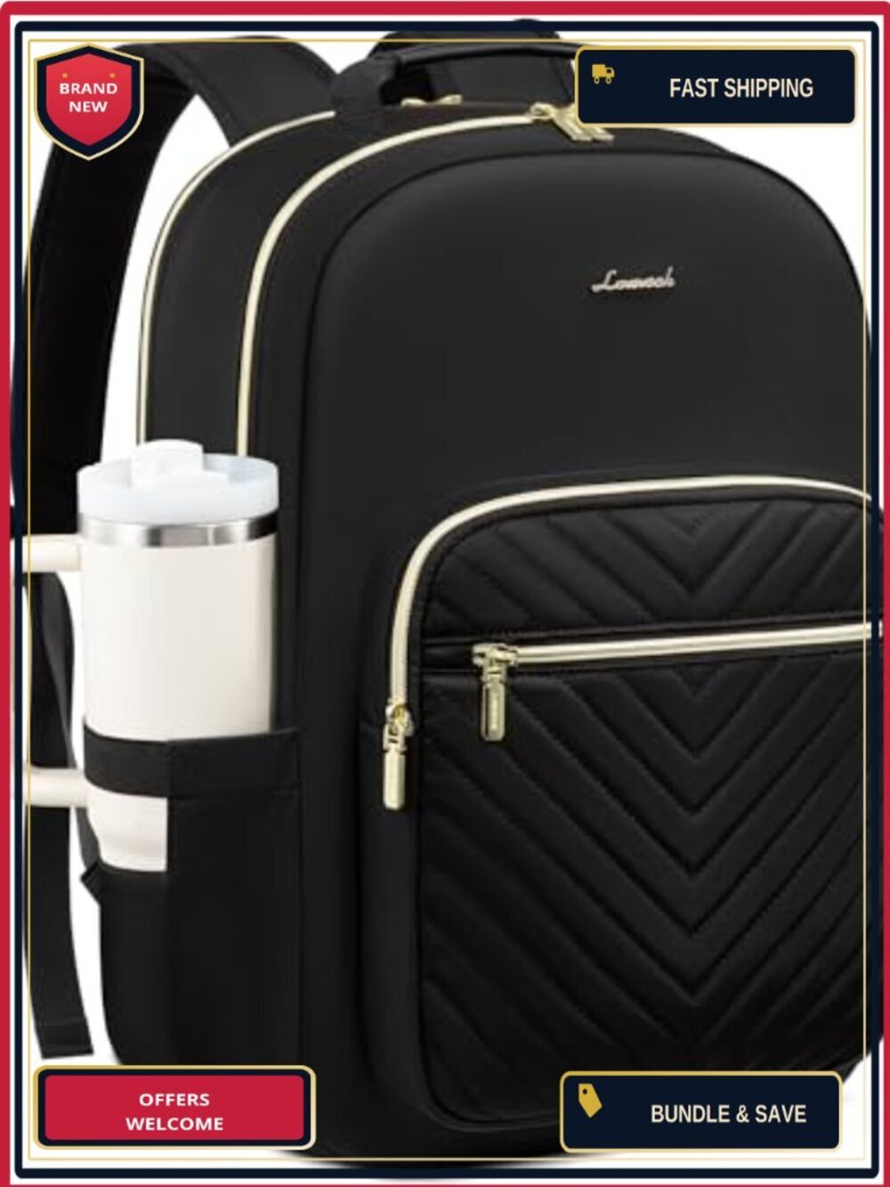 Quilted Laptop Backpack for Women, 15.6" Padded Compartment, USB Port, Water